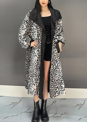 Boho Dark Grey Leopard Patchwork Pockets Long Trench Coat Spring