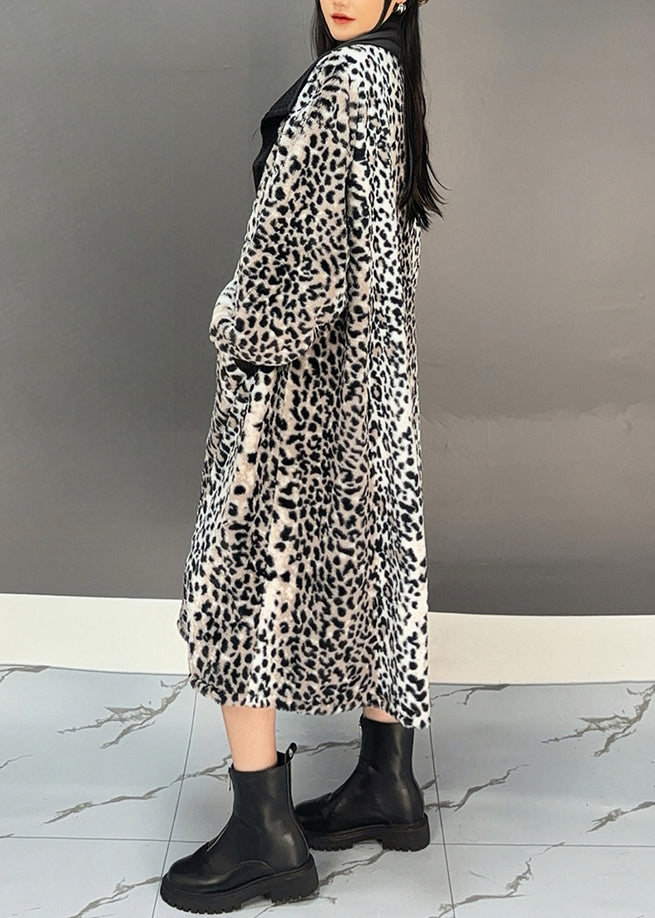 Boho Dark Grey Leopard Patchwork Pockets Long Trench Coat Spring