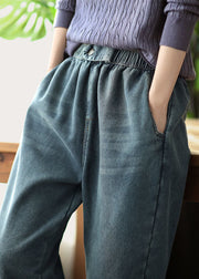 Boho Denim Blue Elastic Waist Pockets Thick Warm Fleece Harem Pants Winter