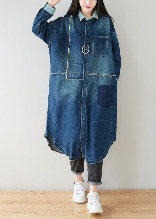 Boho Denim Blue Peter Pan Collar Patchwork Oversized Cotton Trench Spring