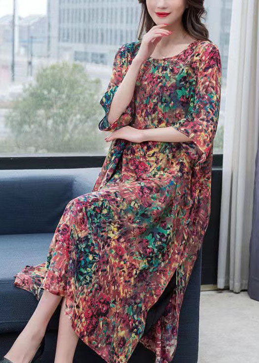 Boho Floral O Neck Print Side Open Patchwork Chiffon Dress Summer