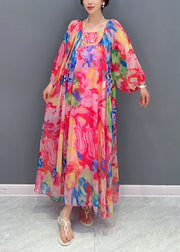 Boho Floral Wrinkled Lace Up Patchwork Chiffon Long Dress Summer