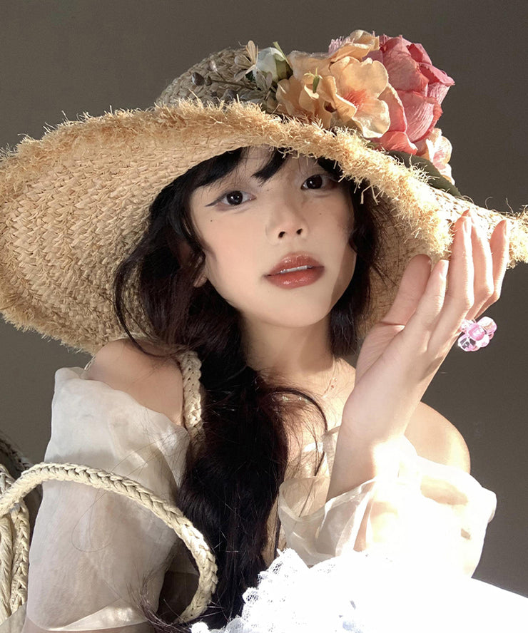 Boho Flower Brim Seaside Vacation Straw Woven Floppy Sun Hat