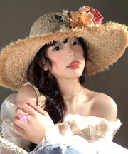 Boho Flower Brim Seaside Vacation Straw Woven Floppy Sun Hat