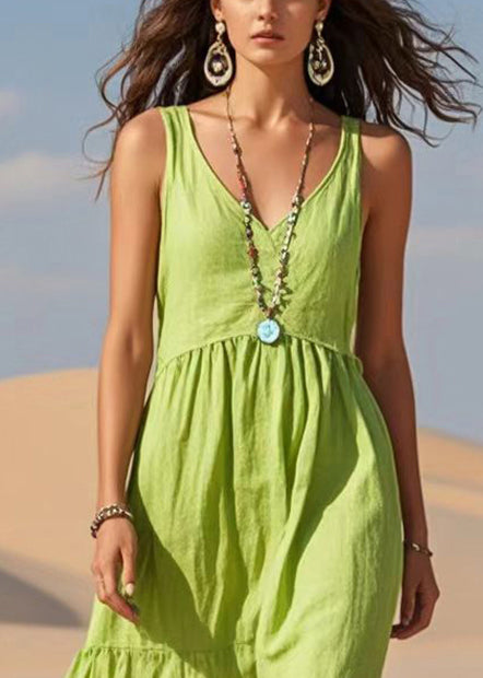 Boho Fruit Green V Neck Cotton Summer Dress Sleeveless