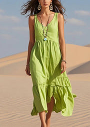 Boho Fruit Green V Neck Cotton Summer Dress Sleeveless