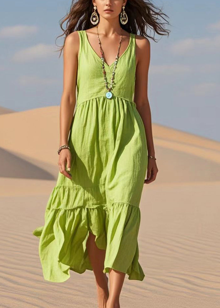 Boho Fruit Green V Neck Cotton Summer Dress Sleeveless