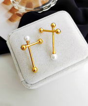 Boho Gold Copper Overgild Asymmtricar Cross Glass Pearl Stud Earrings