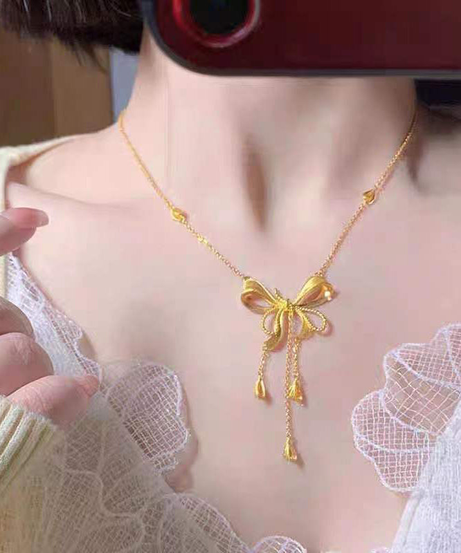 Boho Gold Copper Overgild Bow Love Tassel Pendant Necklace