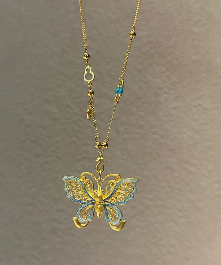 Boho Gold Sterling Silver Overgild Butterfly Hollow Out Pendant Necklace