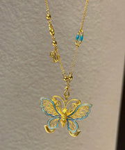 Boho Gold Sterling Silver Overgild Butterfly Hollow Out Pendant Necklace