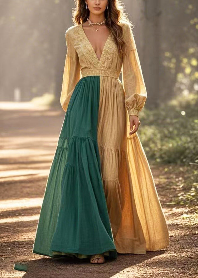 Boho Golden Asymmetrical Patchwork Cinched Vestidos Dresses Spring