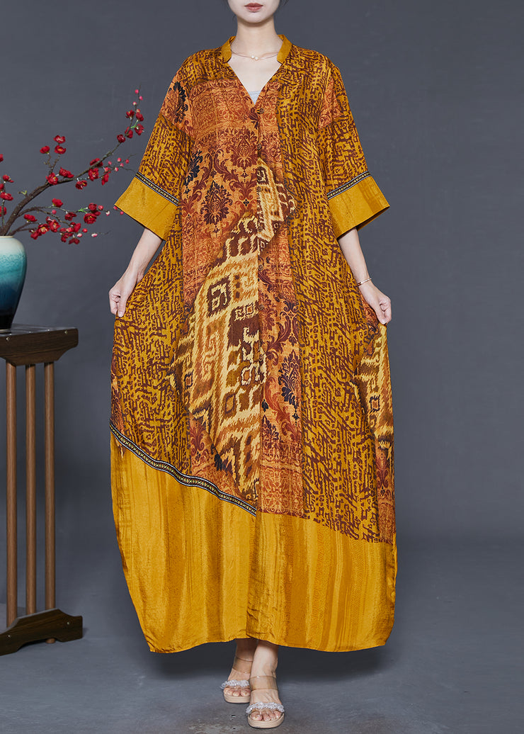 Boho Golden Oversized Print Silk Vacation Dress Summer