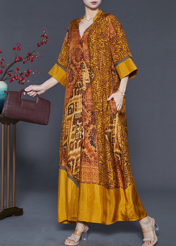 Boho Golden Oversized Print Silk Vacation Dress Summer