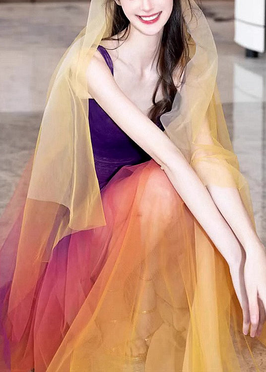 Boho Gradient Color Side Open Tulle Spaghetti Strap Dress Sleeveless