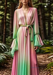 Boho Gradient Color V Neck Silk Long Dress Fall