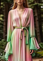 Boho Gradient Color V Neck Silk Long Dress Fall