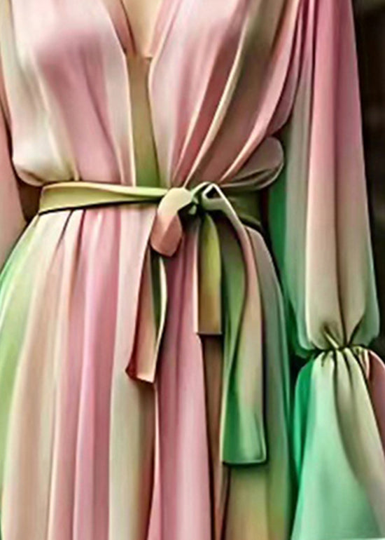 Boho Gradient Color V Neck Silk Long Dress Fall