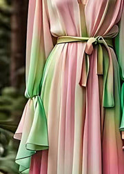 Boho Gradient Color V Neck Silk Long Dress Fall