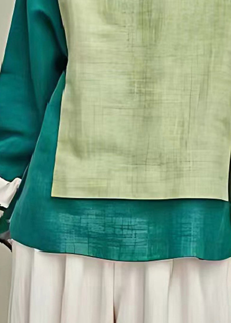 Boho Grass Green Asymmetrical Patchwork Linen Blouse Top Summer