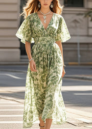 Boho Grass Green Print Chiffon Beach Dress Summer