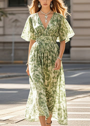 Boho Grass Green Print Chiffon Beach Dress Summer