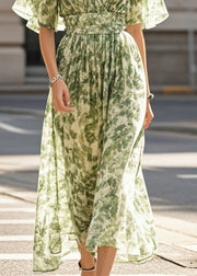 Boho Grass Green Print Chiffon Beach Dress Summer