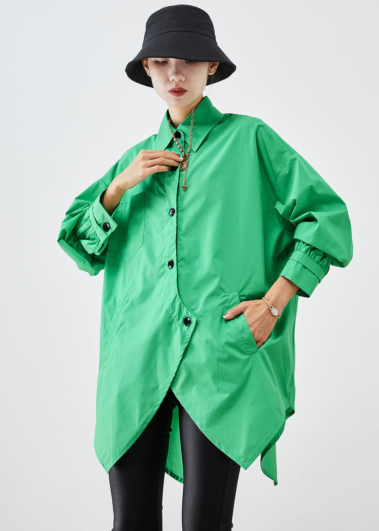 Boho Green Asymmetrical Button Down Cotton Shirt Fall