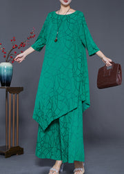 Boho Green Asymmetrical Design Silk Two Pieces Set Summer