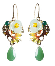 Boho Green Coloured Glaze Chalcedony Agate Cloisonne Floral Fish Drip Drop Earrings