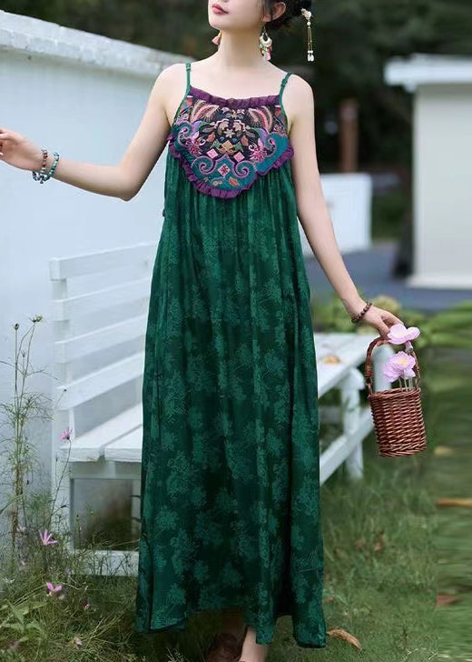 Boho Green Embroidered Jacquard Silk Spaghetti Strap Dress Sleeveless