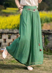 Boho Green Embroidered Pockets Tasseled Patchwork Silk Wide Leg Pants Summer