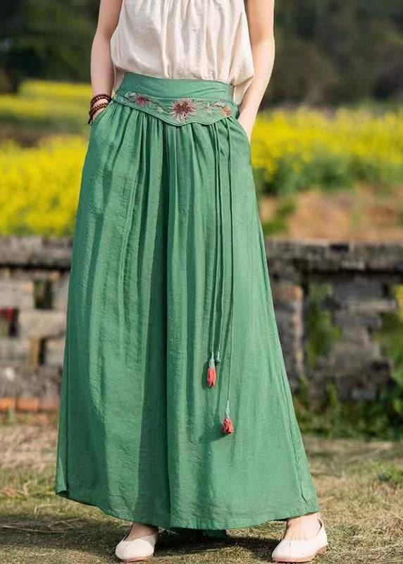 Boho Green Embroideried Pockets Tasseled Patchwork Silk Wide Leg Pants Summer