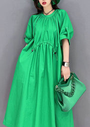 Boho Green O-Neck Drawstring Wrinkled Cotton Holiday Dress Summer