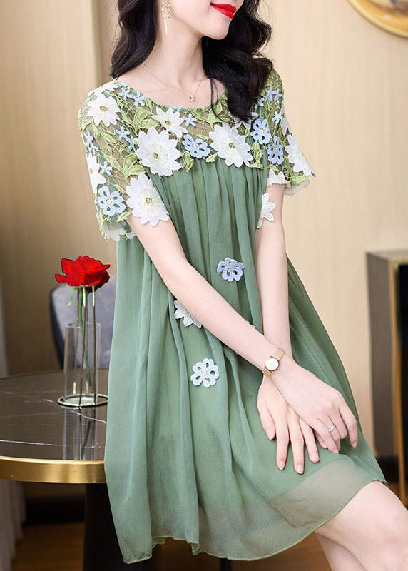 Boho Green O-Neck Embroideried Patchwork Tulle Mid Dresses Short Sleeve