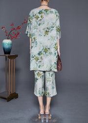 Boho Green O-Neck Leaf Print Linen Two Pieces Set Summer