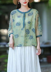 Boho Green O Neck Organza Embroideried Patchwork Linen Top Summer