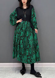 Boho Green O-Neck Patchwork Drawstring Cotton Maxi Dresses Fall