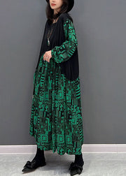 Boho Green O-Neck Patchwork Drawstring Cotton Maxi Dresses Fall