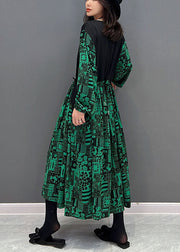 Boho Green O-Neck Patchwork Drawstring Cotton Maxi Dresses Fall