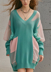 Boho Green Oversized Patchwork Tulle Long Sweater Fall