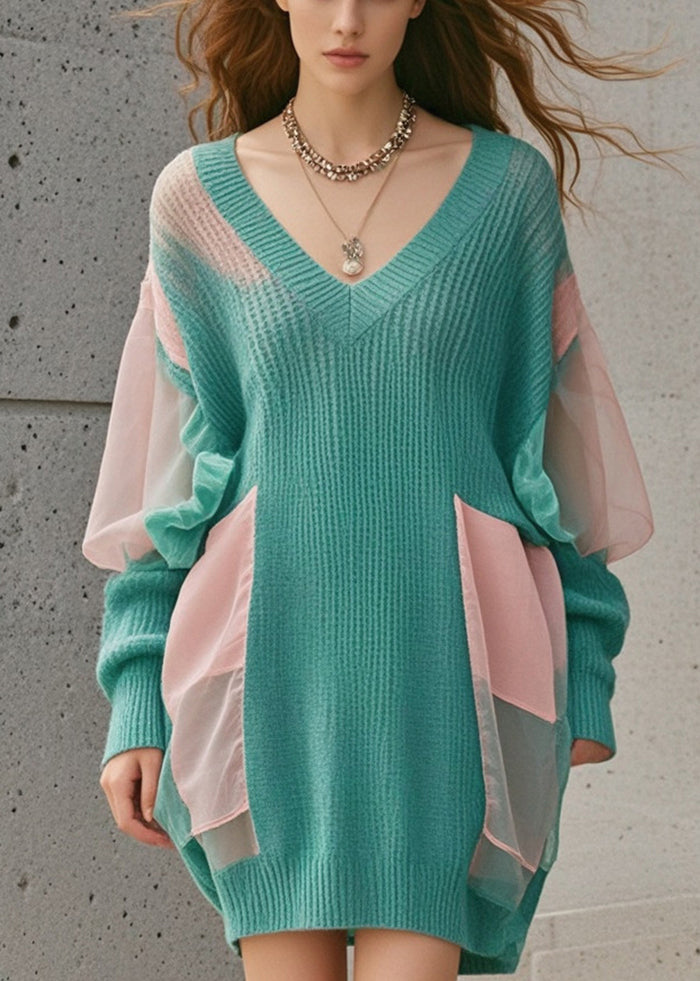 Boho Green Oversized Patchwork Tulle Long Sweater Fall