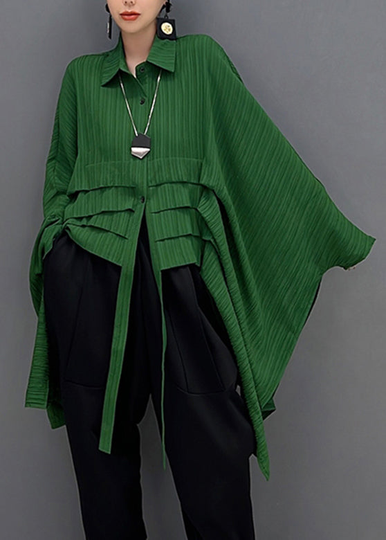 Boho Green Peter Pan Collar Asymmetrical Low High Design Button Shirt Long Sleeve