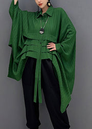 Boho Green Peter Pan Collar Asymmetrical Low High Design Button Shirt Long Sleeve