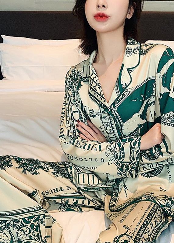 Boho Green Peter Pan Collar Print Ice Silk Pajamas Two Pieces Set Spring