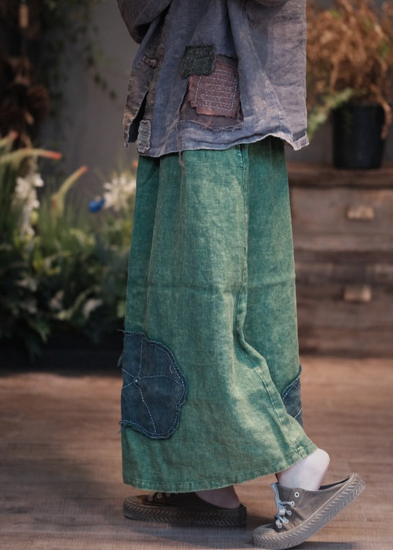 Boho Green Pockets Patch Patchwork Linen Skirt Spring