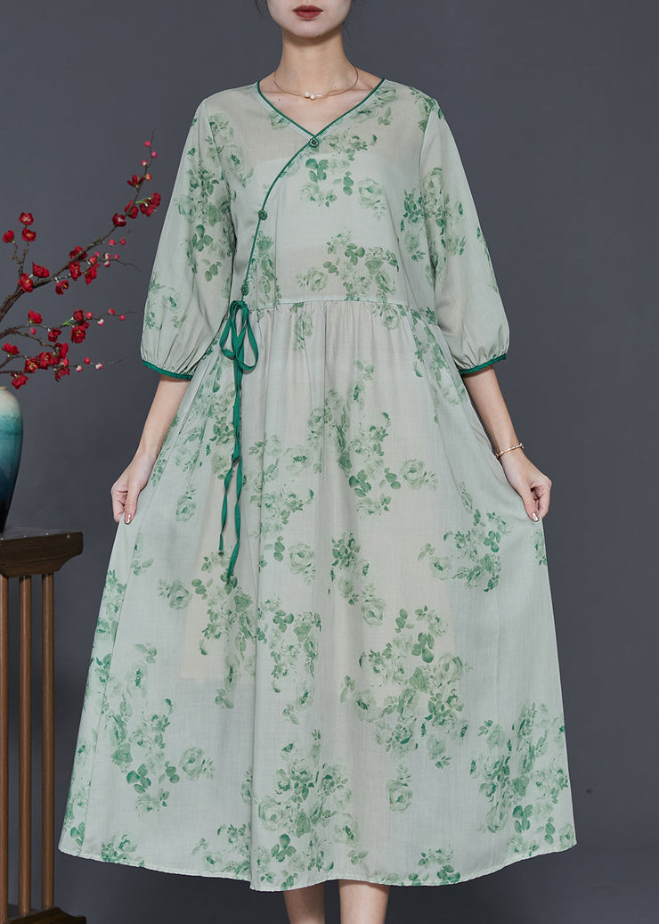 Boho Green Print Linen Long Dress Bracelet Sleeve