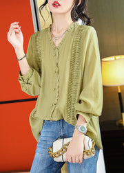 Boho Green Ruffled Patchwork Button Chiffo Shirts Long Sleeve