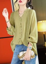 Boho Green Ruffled Patchwork Button Chiffo Shirts Long Sleeve