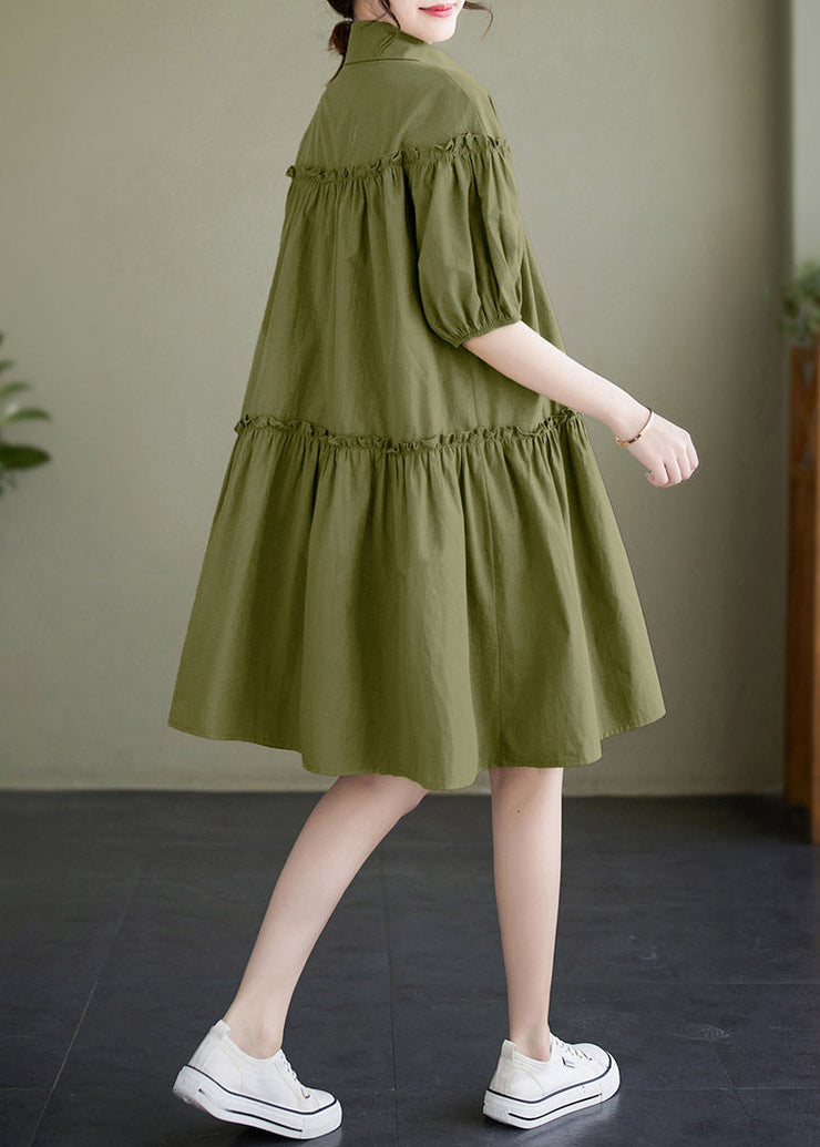 Boho Green Ruffled Patchwork Wrinkled Solid Cotton Mid Dress Summer